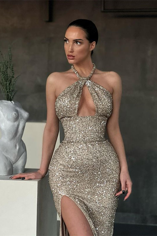 Classic Halter Sequins Mermaid Prom Dress With Split Long