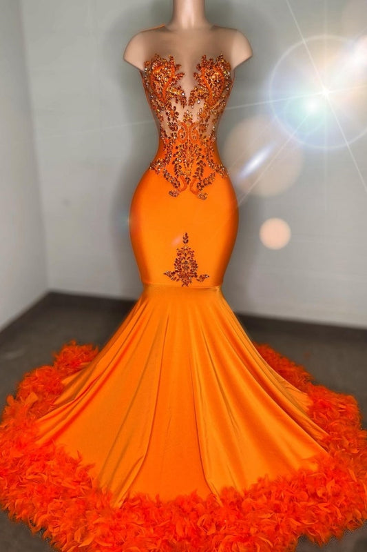 Classic Orange Sleeveless Prom Dress Mermaid Sleeveless With Beads Feather