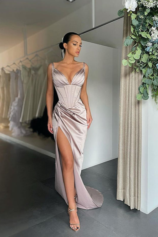 Starps V-Neck Split Prom Dress Long Sleevesless Evening Party Gowns