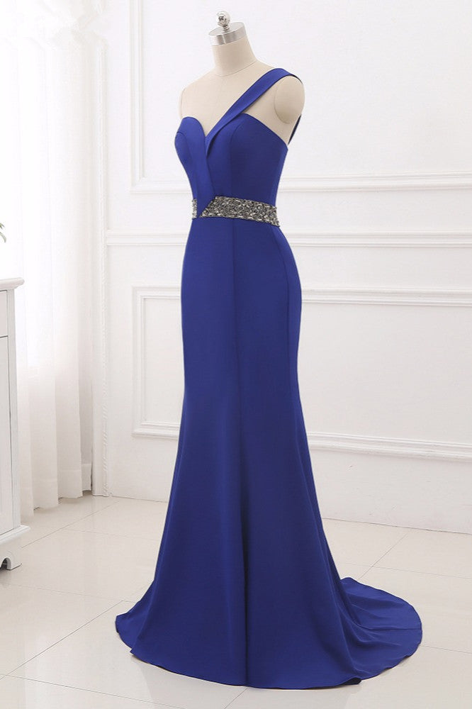 Royal Blue One Shoulder Sleeveless Mermaid Prom Dress with Beads Rhinestones