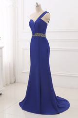 Royal Blue One Shoulder Sleeveless Mermaid Prom Dress with Beads Rhinestones