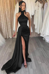 Dark Green High Neck Split Evening Dress Mermaid Beadings with Ruffles