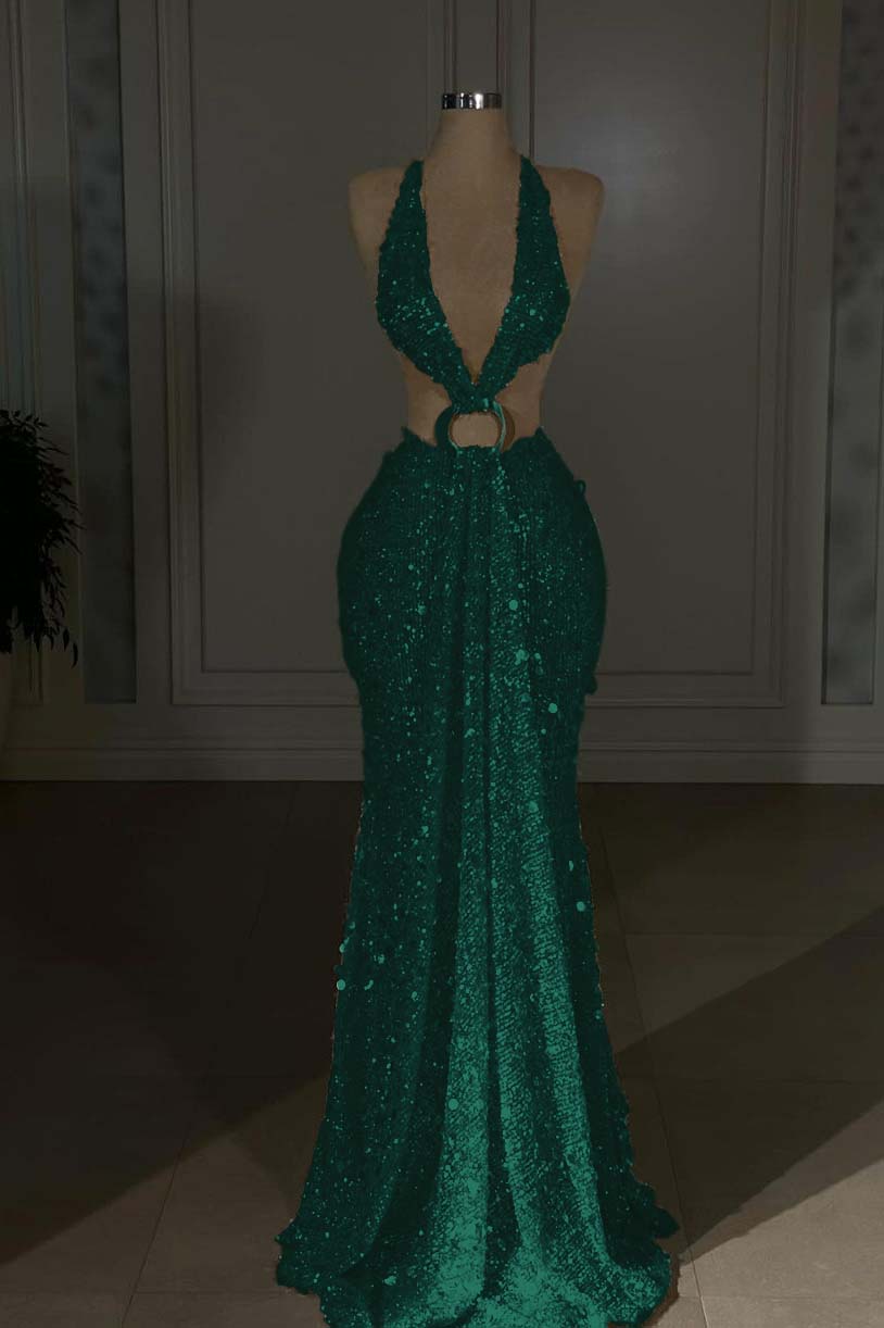 Glamorous Gold Halter Backless Sequin Evening Dress