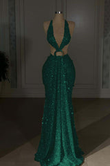 Glamorous Gold Halter Backless Sequin Evening Dress