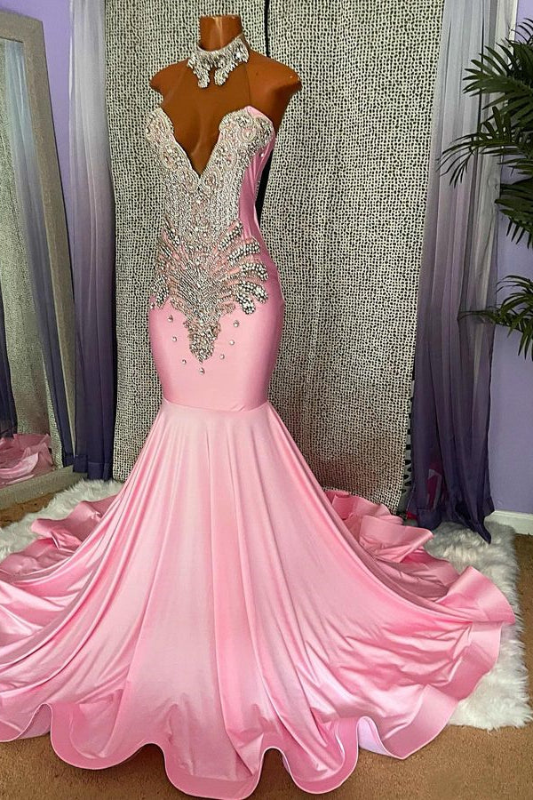 Classic Pink High Neck Prom Dress Mermaid Sleeveless With Crystals