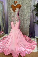 Classic Pink High Neck Prom Dress Mermaid Sleeveless With Crystals