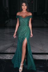 Amazing Green Lace Off-the-Shoulder Prom Dress Long With Slit