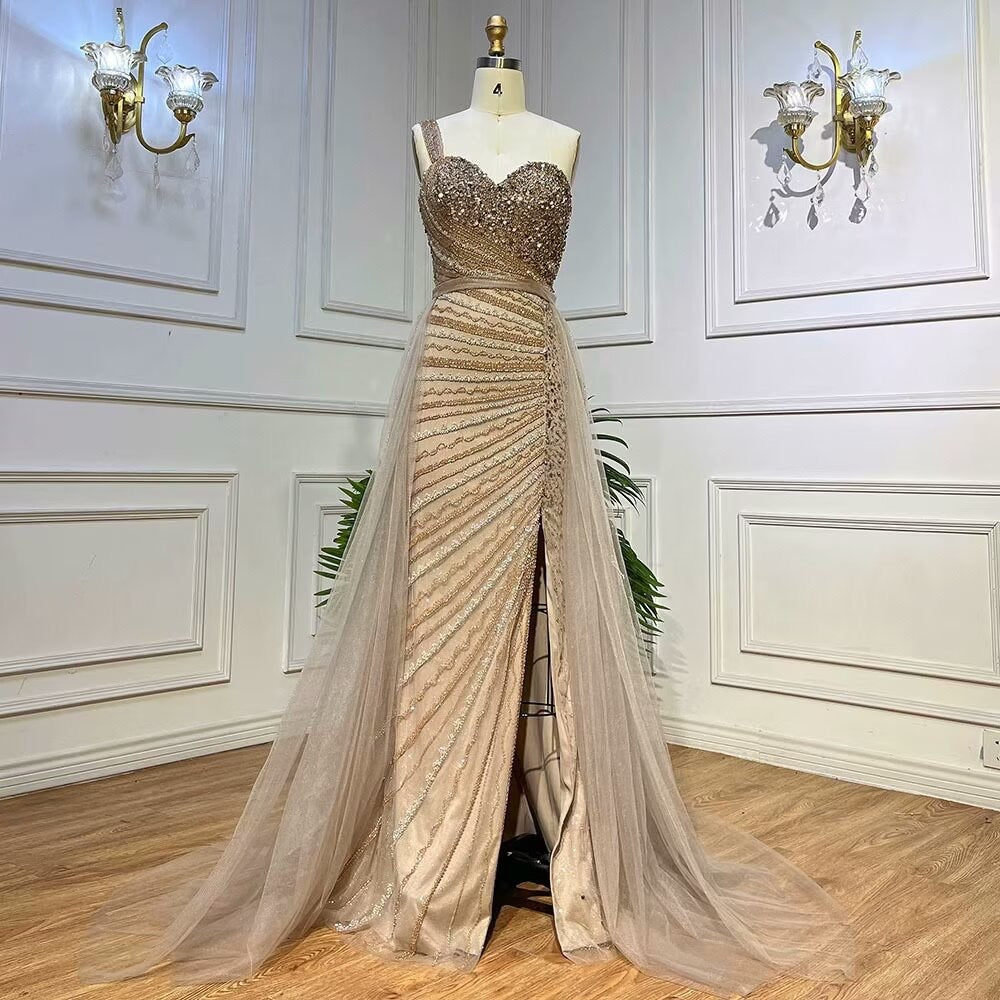 Elegant Sleeveless Mermaid Split One Shoulder Evening Dress Sequins With Tulle Overskirt