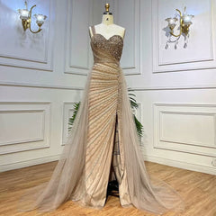 Elegant Sleeveless Mermaid Split One Shoulder Evening Dress Sequins With Tulle Overskirt