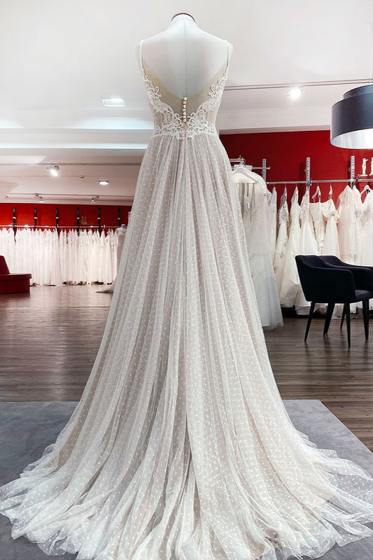 Elegant V-neck A-line Long Wedding Dress with Open Back and Tulle Lace