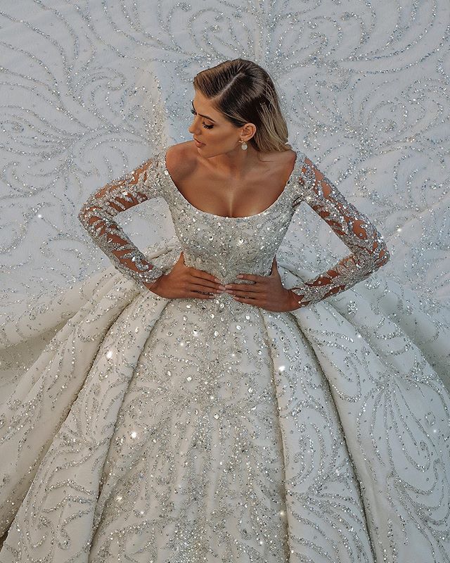 Elegant Off-The-Shoulder Satin Wedding Gown with Crystal Sequins and Backless Design