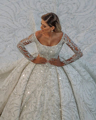 Elegant Off-The-Shoulder Satin Wedding Gown with Crystal Sequins and Backless Design