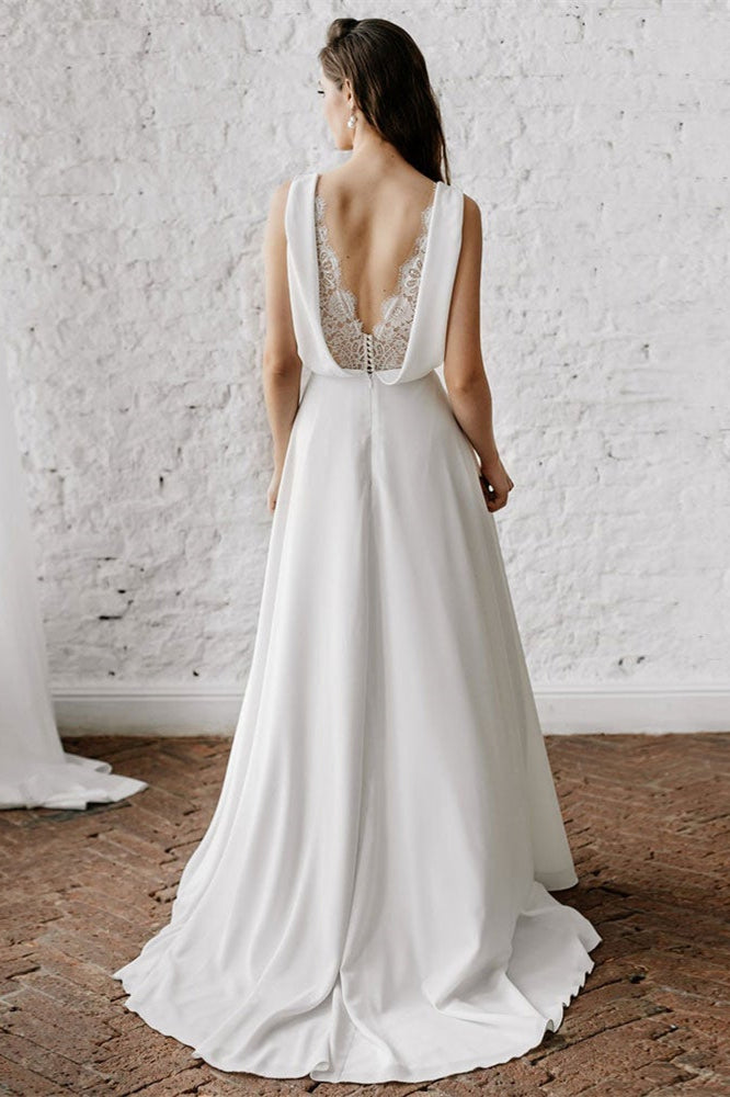 Long V-Neck Wedding Dress Without Sleeves