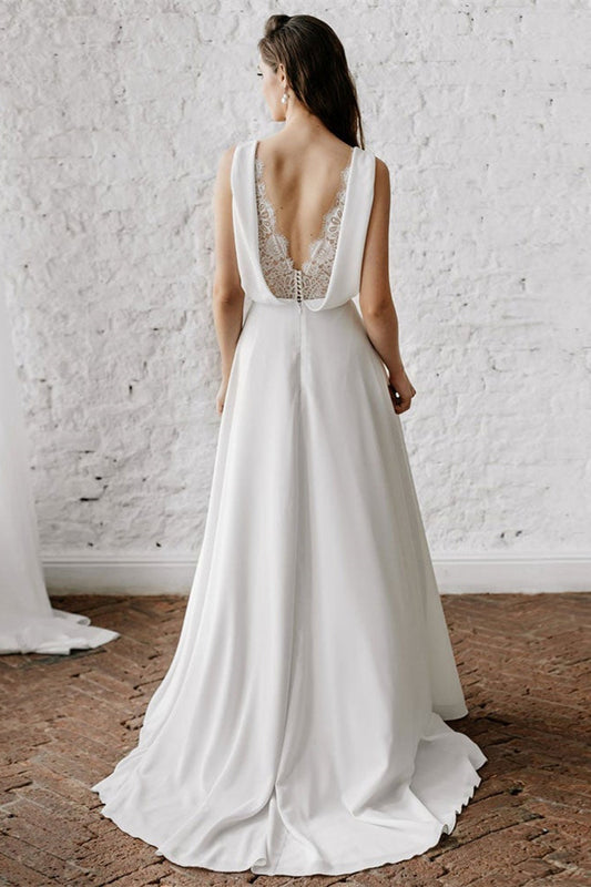Long V-Neck Wedding Dress Without Sleeves