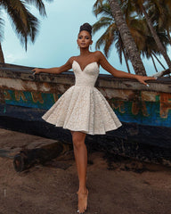 Short Off-the-shoulder Lace Wedding Dress in A-line Silhouette