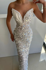 Chic White V-Neck Mermaid Prom Dress Sequins Long With Pearls