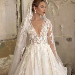 Elegant Deep V-neck A-Line Wedding Gown with Long Sleeves and Tulle Lace Ruffles