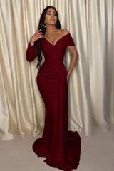 Chic White Mermaid Prom Dress Off-the-Shoulder V Neck Pleated