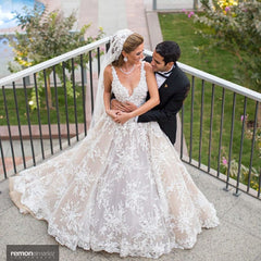 Elegant V-Neck Lace A-Line Long Wedding Dress with Floral Details
