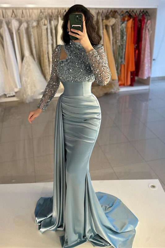 Stunning Dusty Blue Prom Dresses Long Sleeves Mermaid Split With Sequins