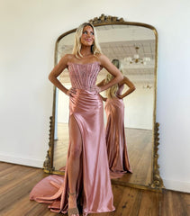 Fushcia Prom Dress Sleeveless Strapless Appliques Slit