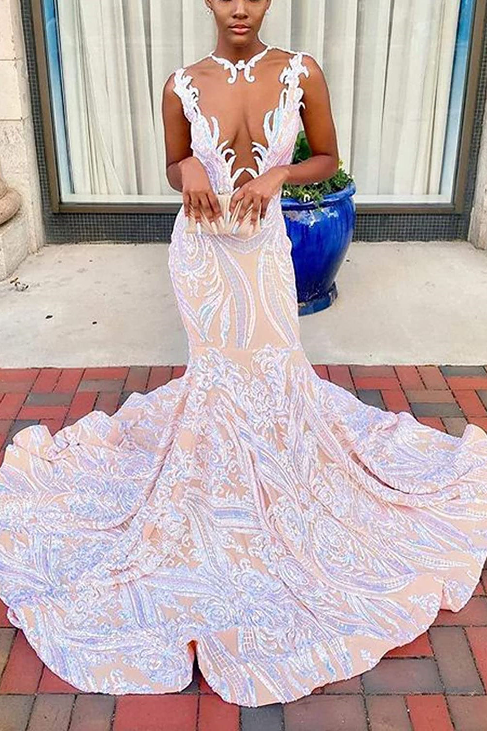 Classic Deep V-Neck Mermaid Prom Dress Sleeveless Sequins Long