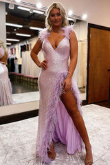 Charming Lilac V-Neck Sleeveless Prom Dress Mermaid Sequins Slit With Feather