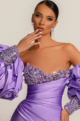 Glamorous Lilac Bubble Long Sleeves Prom Dresses Mermaid Sweetheart With Sequins