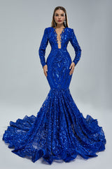 Gorgeous Royal Blue Long Sleeves Prom Dress Mermaid Sequins Online