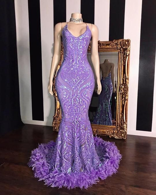 Gorgeous Spaghetti-Straps Lilac Mermaid Prom Dress Sequins With Feather