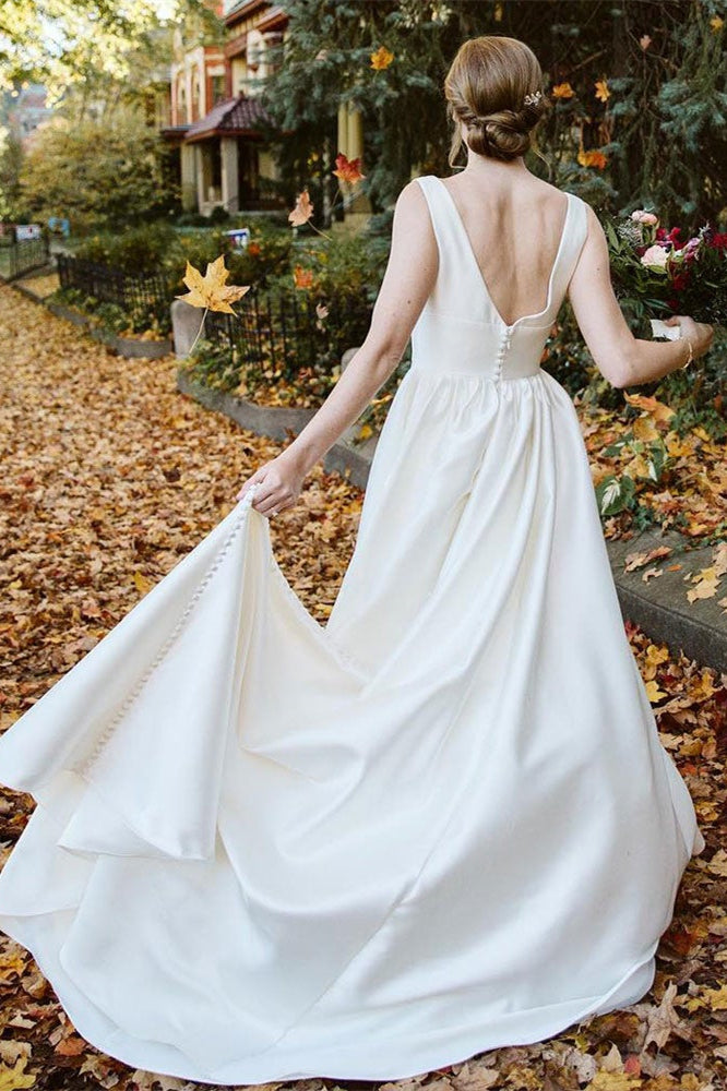 V-Neck Sleeveless Satin Bridal Gown