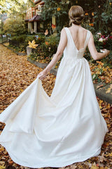 V-Neck Sleeveless Satin Bridal Gown