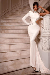 Charming White One Shoulder Long Sleeve Prom Dress Mermaid With Beads