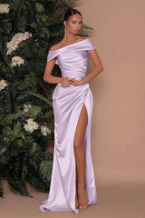 Champagne Off the Shoulder Charmeuse Prom Dress Split Mermaid
