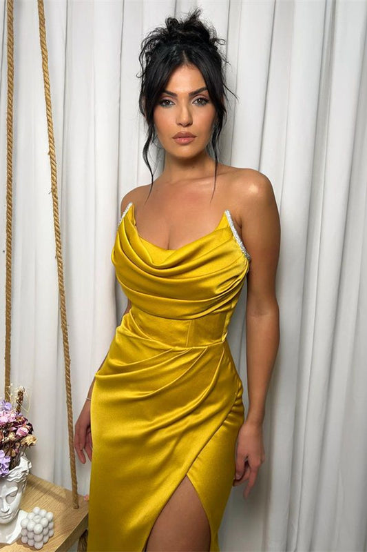 Modern Yellow Strapless Sleeveless Prom Dresses Long Split With Pleats