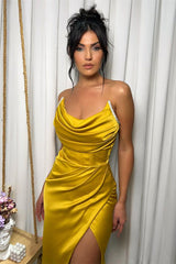 Modern Yellow Strapless Sleeveless Prom Dresses Long Split With Pleats