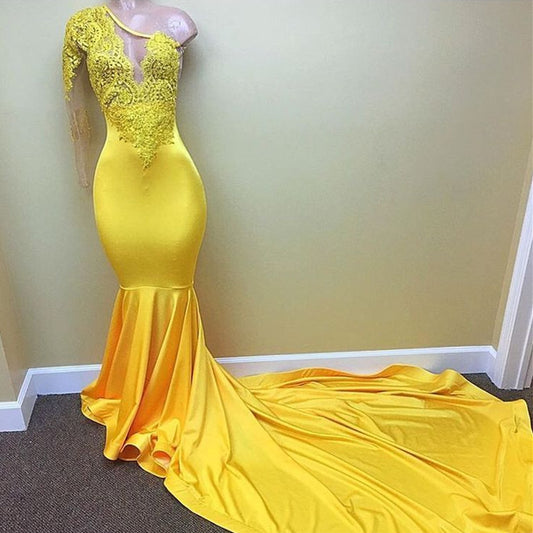 Modern Yellow One Shoulder Mermaid Prom Dress Long Sleeves With Appliques