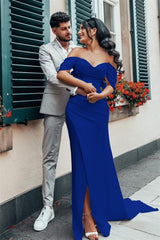 Charmeuse Wedding Gown Featuring an Off-The-Shoulder Neckline and Side Split