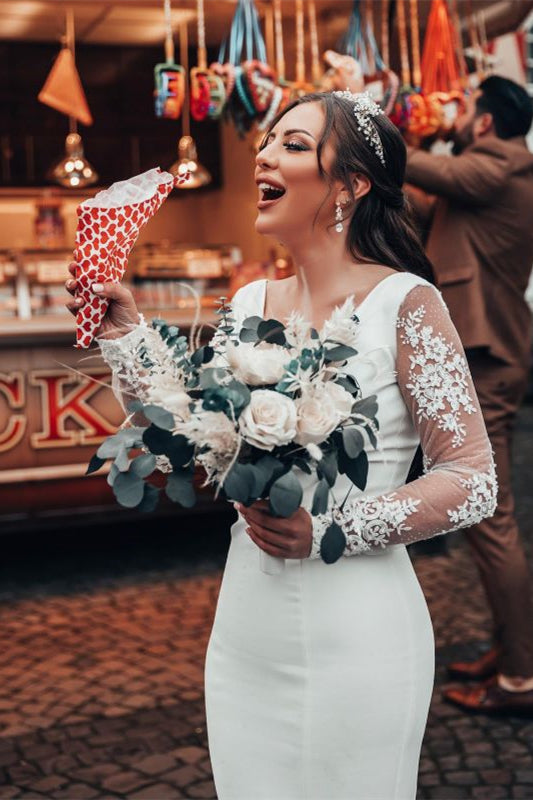 Mermaid Wedding Dress with V Neck and Long Lace Sleeves