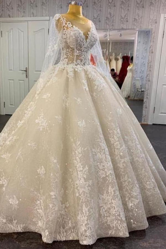 Floor-length Bateau A-line Wedding Dress in Elegant Tulle with Lace Sequins Appliques