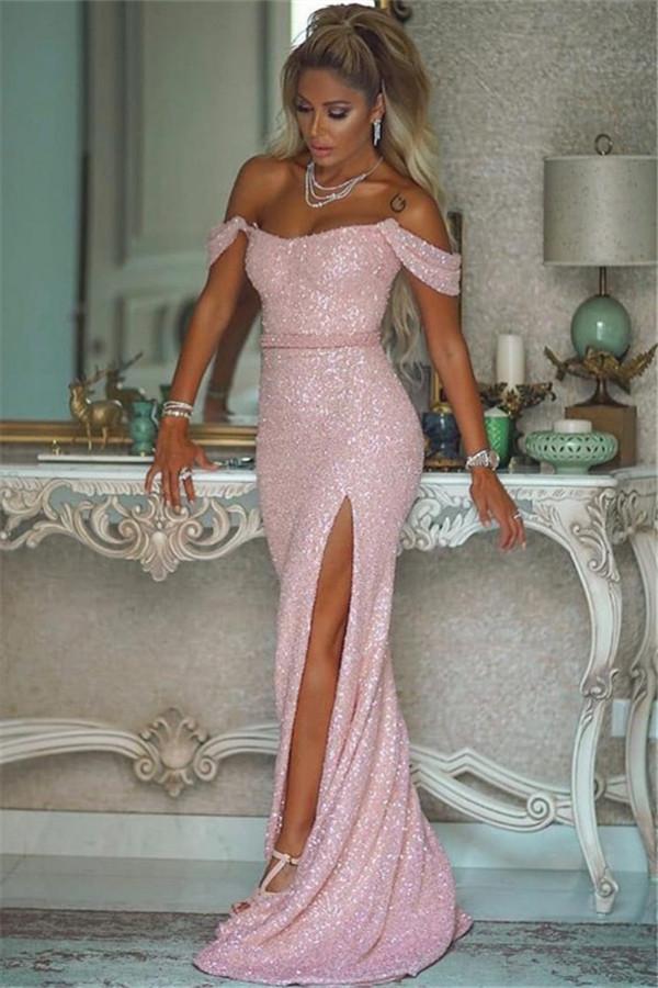 Off-the-Shoulder Pink Sequins Mermaid Prom Dress With Slit