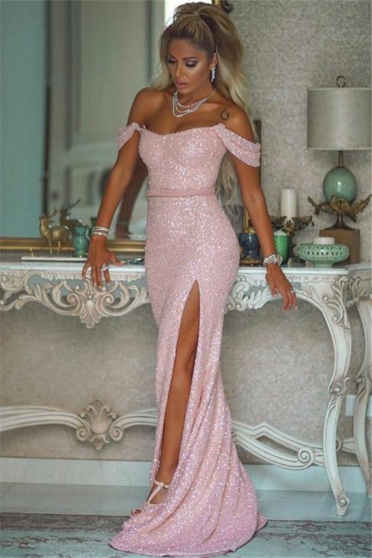 Off-the-Shoulder Pink Sequins Mermaid Prom Dress With Slit