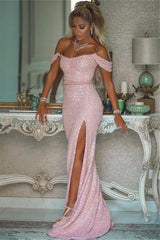 Off-the-Shoulder Pink Sequins Mermaid Prom Dress With Slit