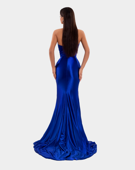 Royal Blue V Neck Mermaid Prom Dress Sleeveless Pleated High Split