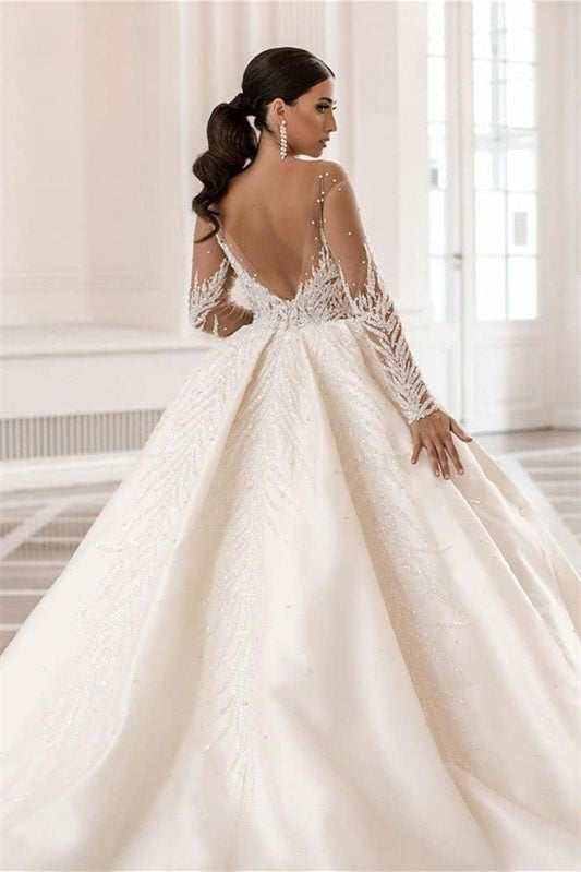 Bateau Neckline Ball Gown Wedding Dress with Long Sleeves and Applique