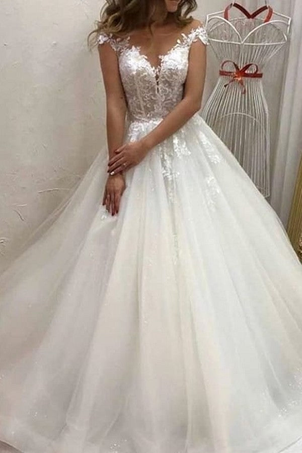 Elegant Sweetheart Neckline Off-the-Shoulder A-Line Bridal Gown with Lace Appliques and Tulle Train