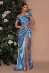Champagne Off the Shoulder Charmeuse Prom Dress Split Mermaid