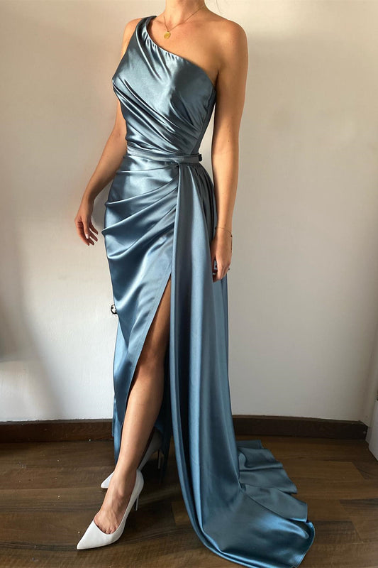 New Arrival Dusty Blue One Shoulder Sleeveless Mermaid Prom Dress Pleats With Split Detachable Ruffles