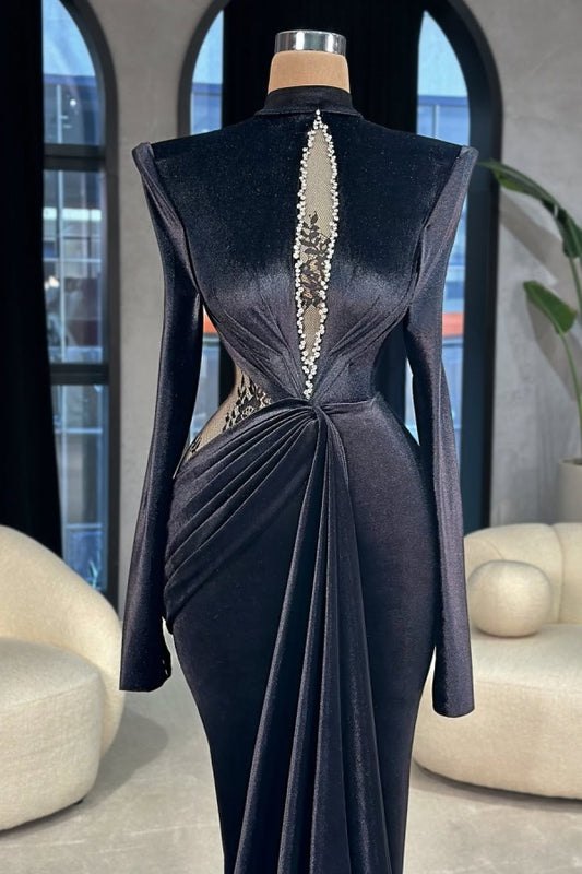 Black Velvet Beads Prom Dress Mermaid Long Sleeves with lace Appliques
