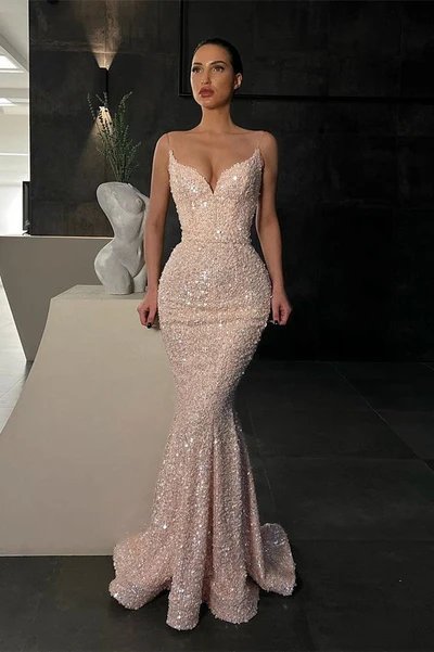 Candy Pink Spaghetti Straps Mermaid Prom Dress with Sequins